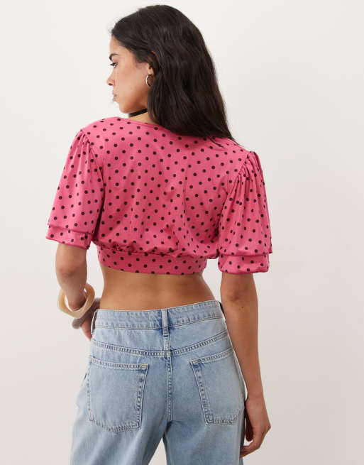 Miss Selfridge omlottopp med volangärmar i rosa prickigt mönster, 2 av 4