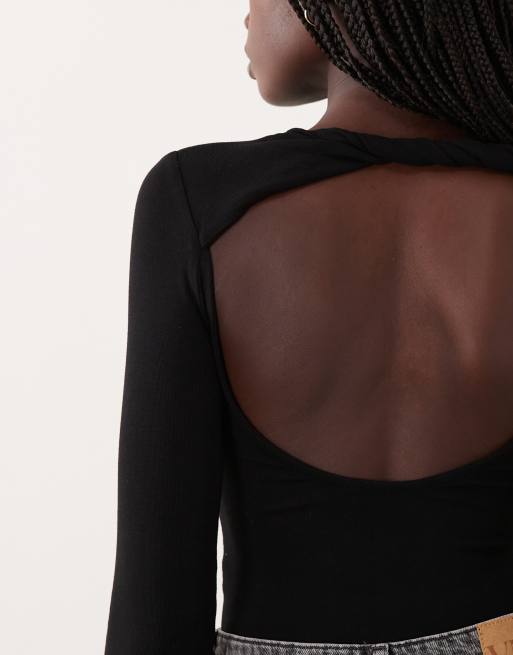 Miss Selfridge open back bodysuit in black, 3 of 4