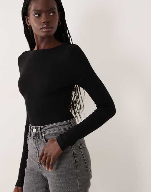 Miss Selfridge open back bodysuit in black, 4 of 4