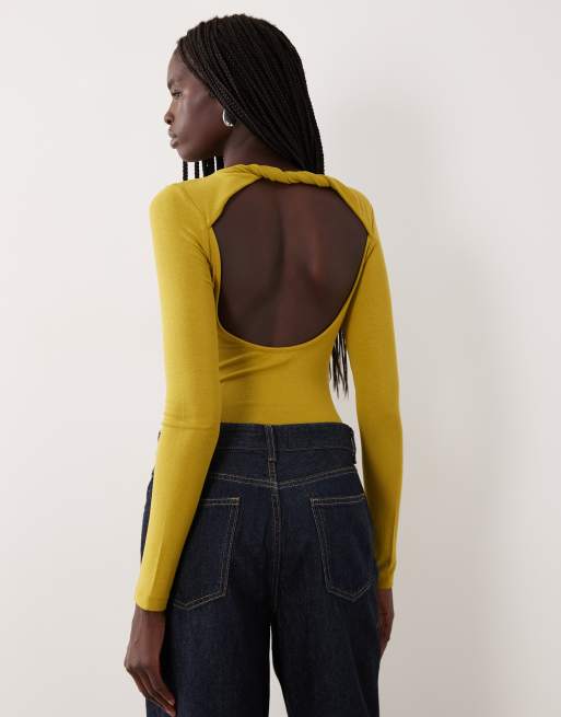 Miss Selfridge open back bodysuit in olive, 2 of 4