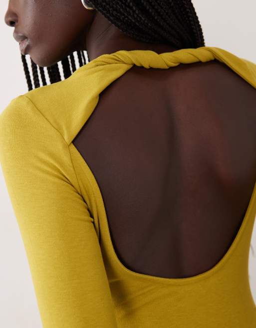 Miss Selfridge open back bodysuit in olive, 4 of 4