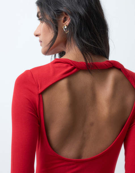Miss Selfridge open back bodysuit in red - view 1