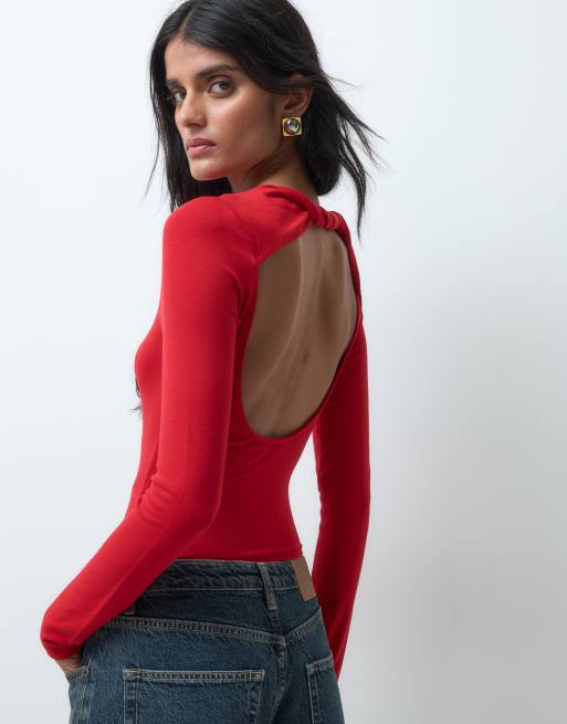 Miss Selfridge open back bodysuit in red, 3 of 5