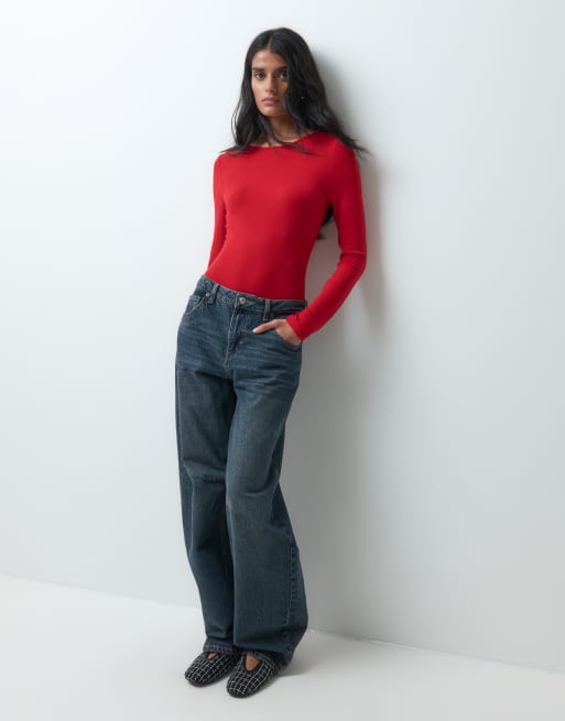 Miss Selfridge open back bodysuit in red, 5 of 5