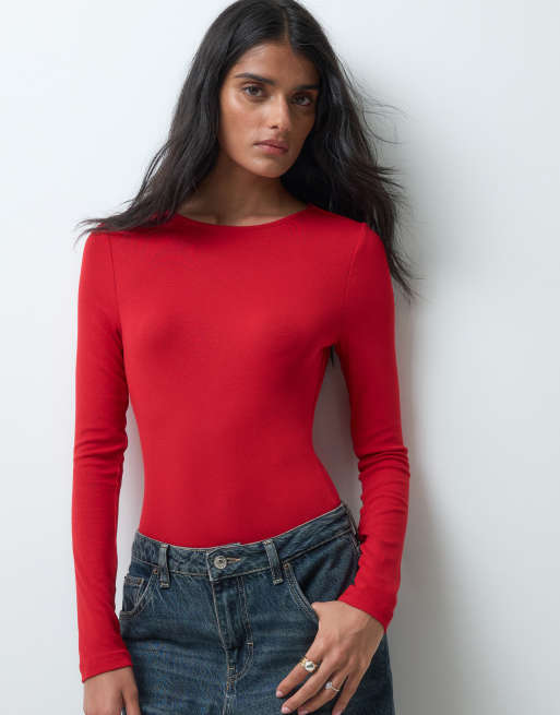 Miss Selfridge open back bodysuit in wine red, 2 of 5