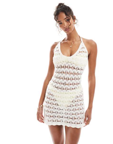 Miss Selfridge open crochet halterneck mini dress in natural - view 1