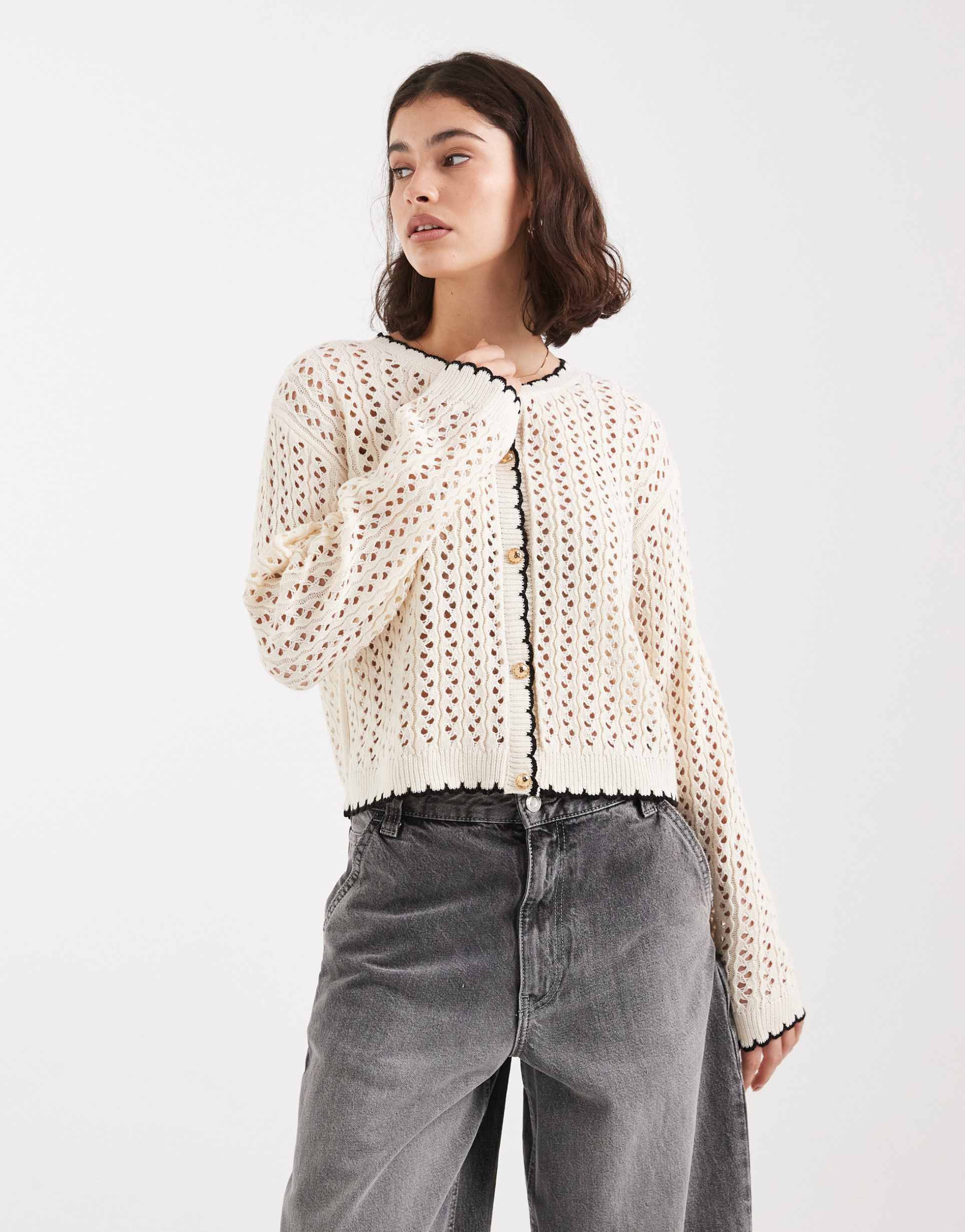 miss selfridge open knit cardigan in cream with black tipping