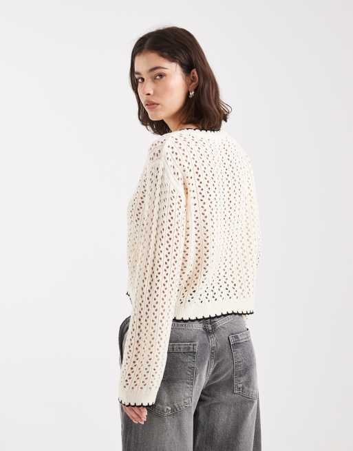 Miss Selfridge open knit cardigan in cream with black tipping, 2 of 4