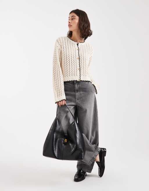 Miss Selfridge open knit cardigan in cream with black tipping, 3 of 4