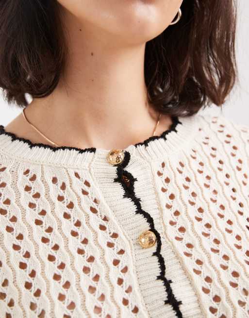 Miss Selfridge open knit cardigan in cream with black tipping, 4 of 4
