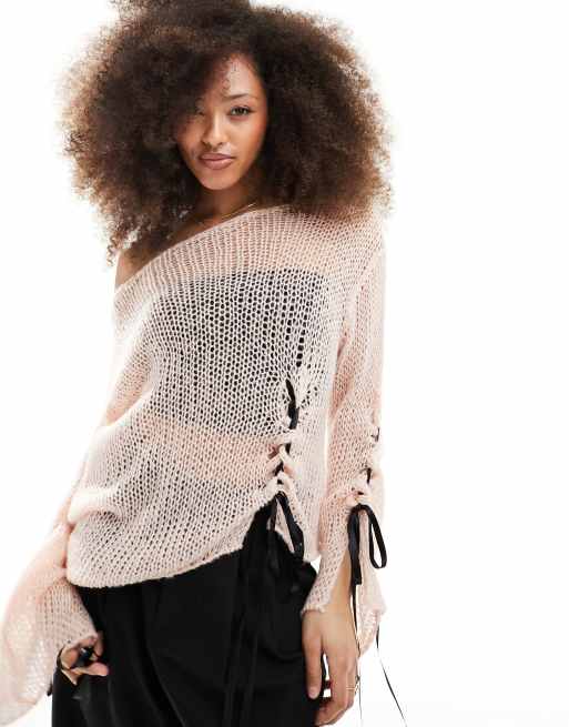 Miss Selfridge open knit contrast bow detail asymmetric sweater in soft pink