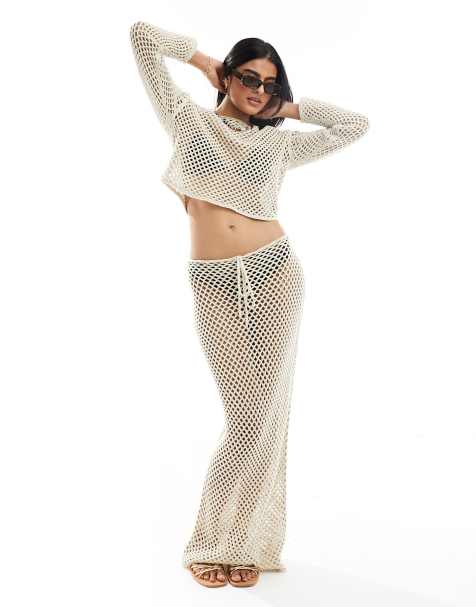Miss Selfridge open knit crochet holey maxi skirt in taupe - view 1