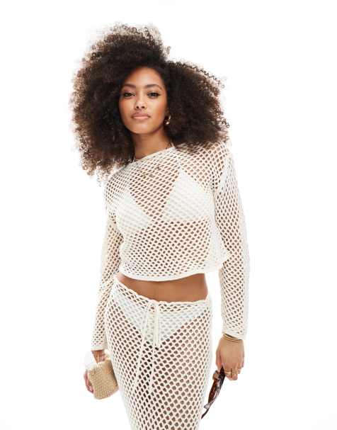Miss Selfridge open knit crochet holey slouch sweater in cream - view 1