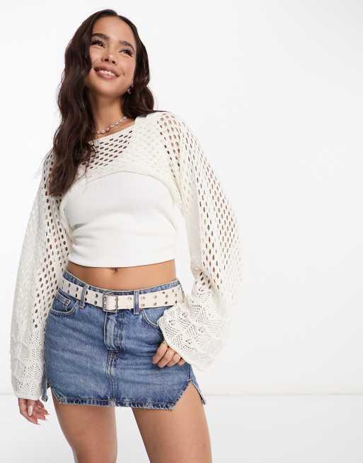 Miss Selfridge crochet open back long sleeve crop knit top in cream