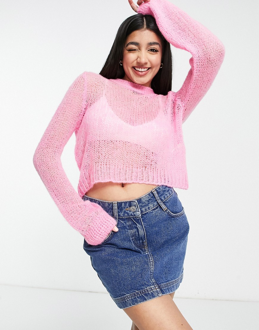 Miss Selfridge open knit crop sweater in pink