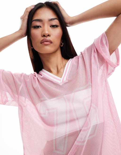Miss Selfridge open mesh football t-shirt in pink ASOS