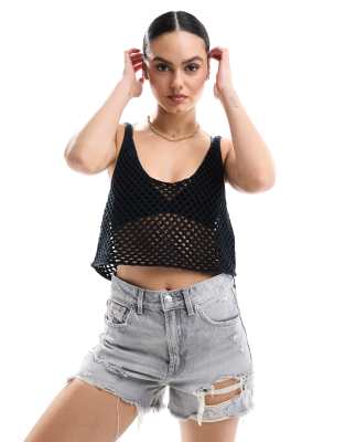 open stitch crochet crop tank top in black