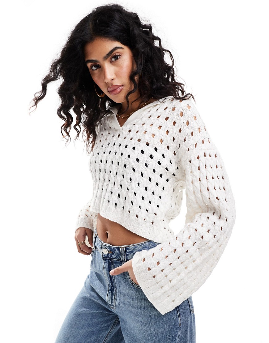 Miss Selfridge Open Stitch Crochet Long Sleeve Polo Sweater In Cream-white