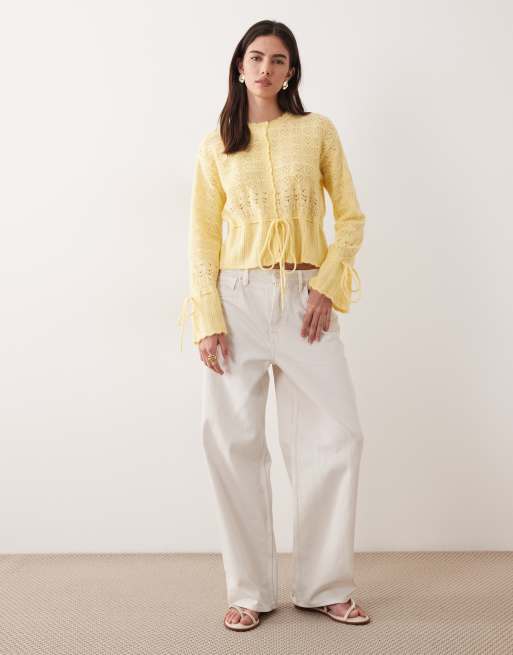 Miss Selfridge open stitch peplum hem cardigan in buttermilk, 2 of 4