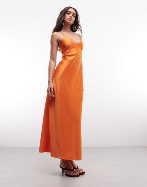 Miss Selfridge – Orange slipklänning i maxilängd med detalj baktill av satin - view 1
