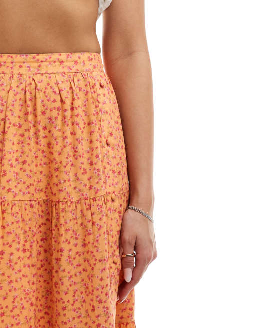 Miss Selfridge – Orange, småblommig, panelsydd maxikjol med knäppning, 3 av 5