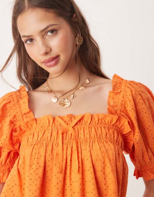 Miss Selfridge - Orange smock-kjole med broderie anglaise, 2 af 4