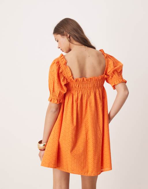 Miss Selfridge - Orange smock-kjole med broderie anglaise, 4 af 4