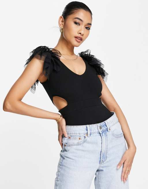 Miss Selfridge organza ruffle cut out bodysuit in black 