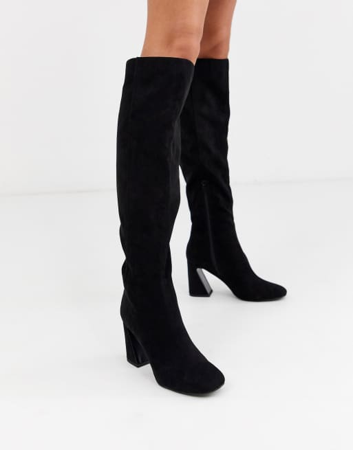 Black over the hotsell knee flared heel boots