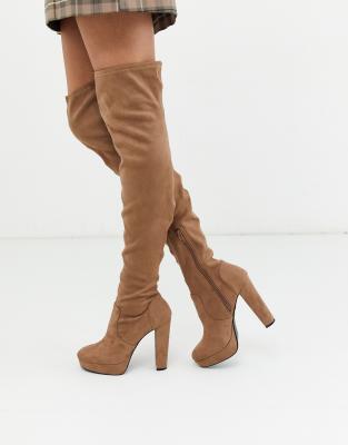 tan over the knee high heel boots