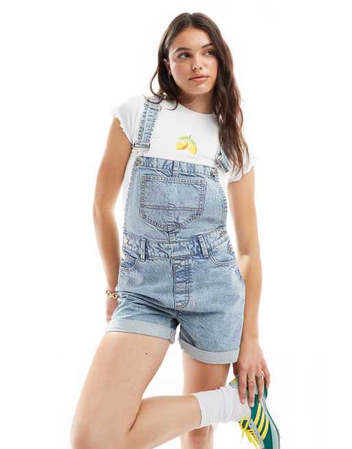 Miss Selfridge overalls denim shorts in blue acid wash, 4 of 4