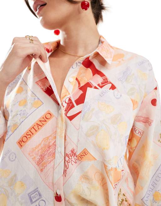 Miss Selfridge – Oversize-Hemd aus Leinenmix mit Postkarten-Print, 4 von 4
