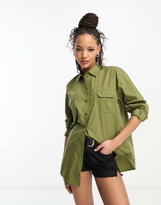 Miss Selfridge Oversize Hemd Aus Popeline In Khaki Mit Utility Design