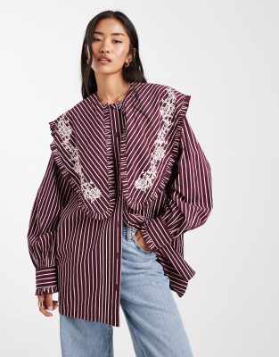 Miss Selfridge - Oversize-Hemd in lila gestreift mit Kragen