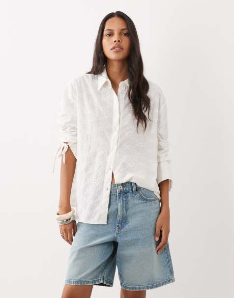 Miss Selfridge Oversize-Hemd mit Broderie in Cremeweiß - view 1