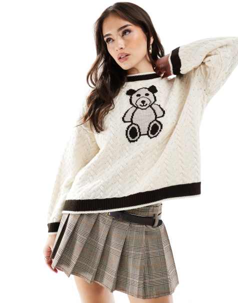 Miss Selfridge – Oversize-Jacquard-Strickpullover mit Zopfstrickmuster und Teddybärmotiv - view 1