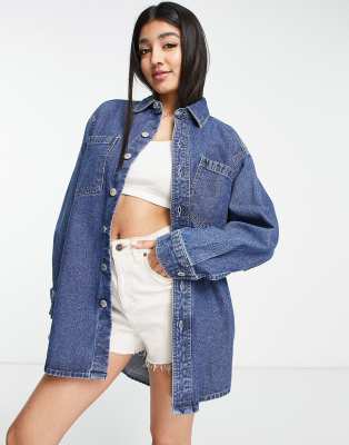 Miss Selfridge - Oversize-Jeanshemd in dunkler Waschung-Blau