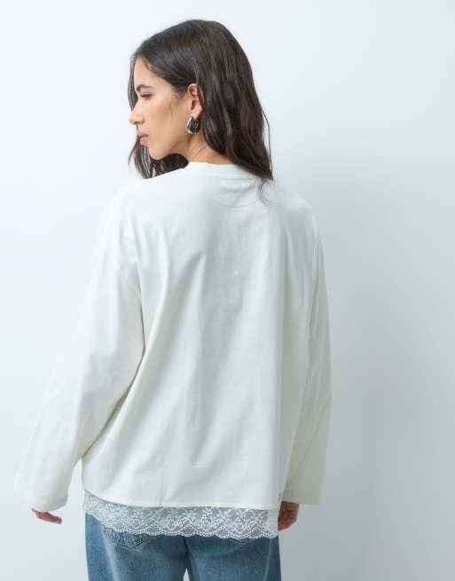 Miss Selfridge oversize långärmad t-shirt med spetskant, 5 av 5