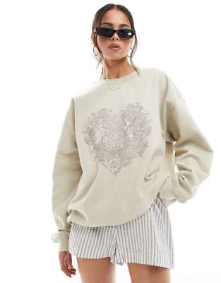Miss Selfridge - Oversize-Pullover in Steinbeige mit Engel-Gobelinprint-Neutral