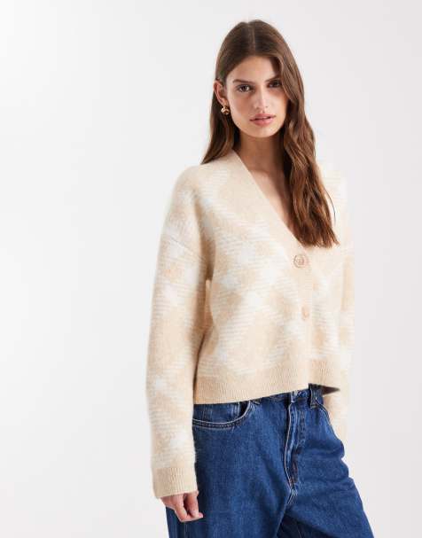 Miss Selfridge – Oversize-Strickjacke in Buttermilchbeige kariert - view 1