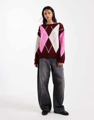 Miss Selfridge - Oversize-Strickpullover in Rosa mit Rautenmuster-Bunt