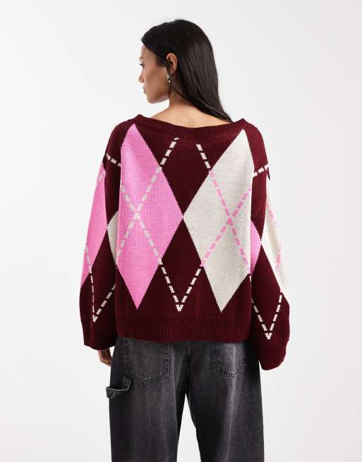 Miss Selfridge – Oversize-Strickpullover in Rosa mit Rautenmuster, 3 von 4