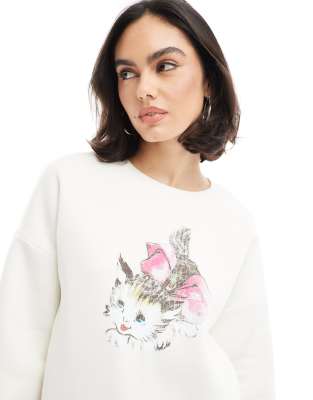 Miss Selfridge - Oversize-Sweatshirt mit pfiffigem Katze-Schleifenmotiv-Neutral