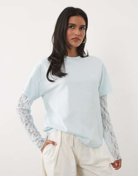 Miss Selfridge – Oversize-T-Shirt in Blau mit Spitzenärmeln - view 1