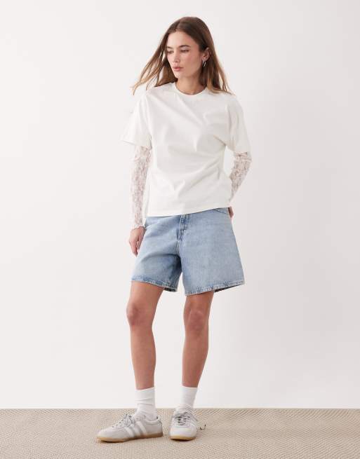 Miss Selfridge – Oversize-T-Shirt in Cremeweiß mit Spitzenärmeln, 3 von 4