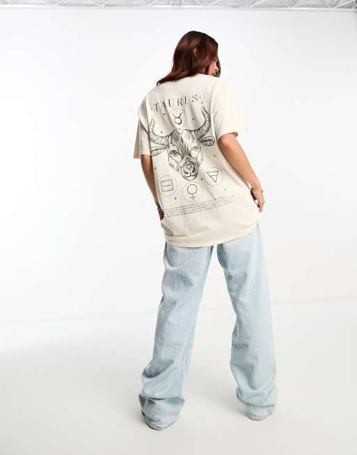 Miss Selfridge – Oversize-T-Shirt in Ecru mit „Taurus“-Textprint und Stier-Horoskop-Design, 4 von 4