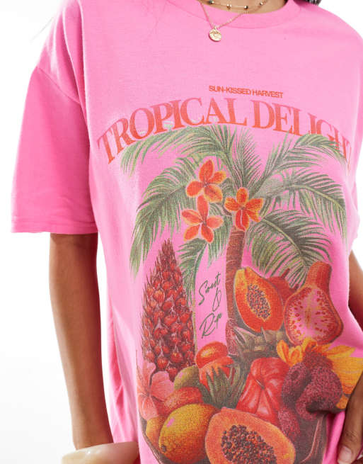 Miss Selfridge – Oversize-T-Shirt in Rosa mit sommerlichem „Tropical Delights“-Print, 3 von 4