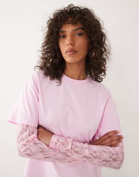Miss Selfridge – Oversize-T-Shirt in Rosa mit Spitzenärmeln - view 1