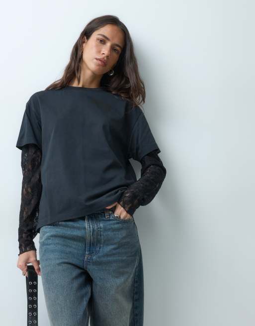 Miss Selfridge oversize t-shirt med spetsärmar i svart, 4 av 5