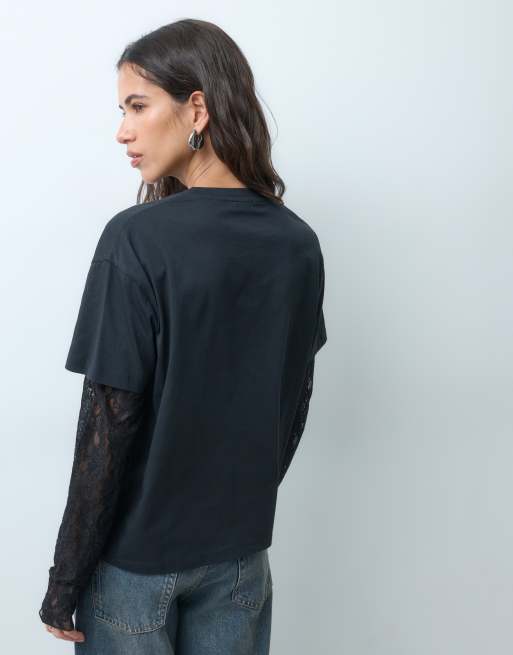 Miss Selfridge oversize t-shirt med spetsärmar i svart, 5 av 5